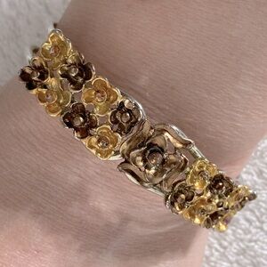Vintage Floral Gold & Brown Tone Metal Bracelet